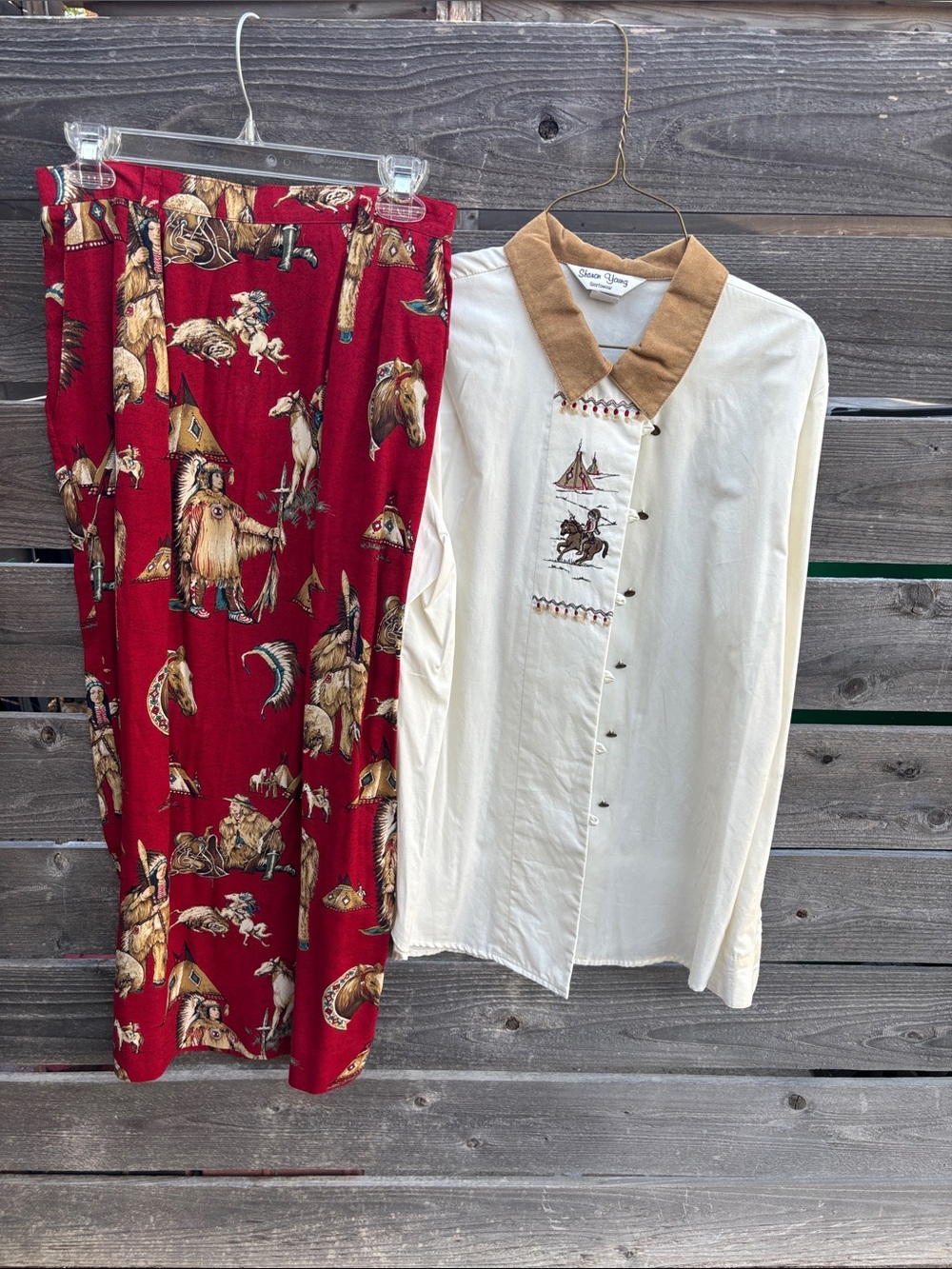 Sharon Young Red Printed Wide-Leg Skirt with Cream Western Shirt